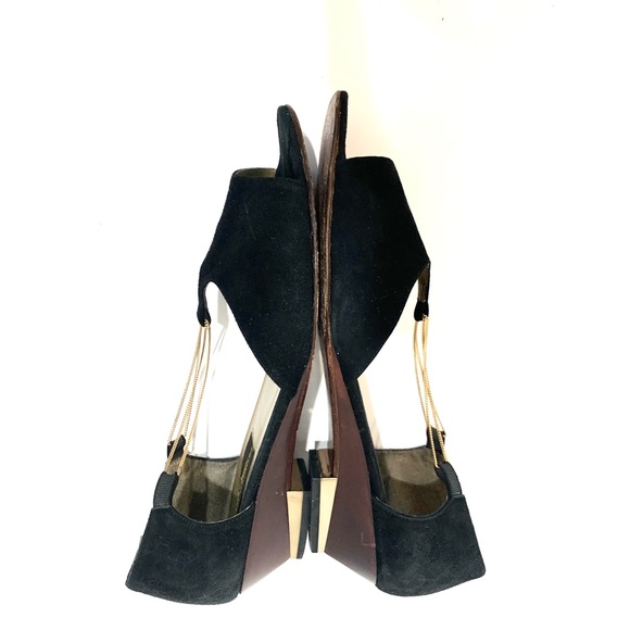 Sesto Meucci Vintage Black Suede Ballet Flats Gold Chain Gold Metal Heel D’orsay - Picture 9 of 15